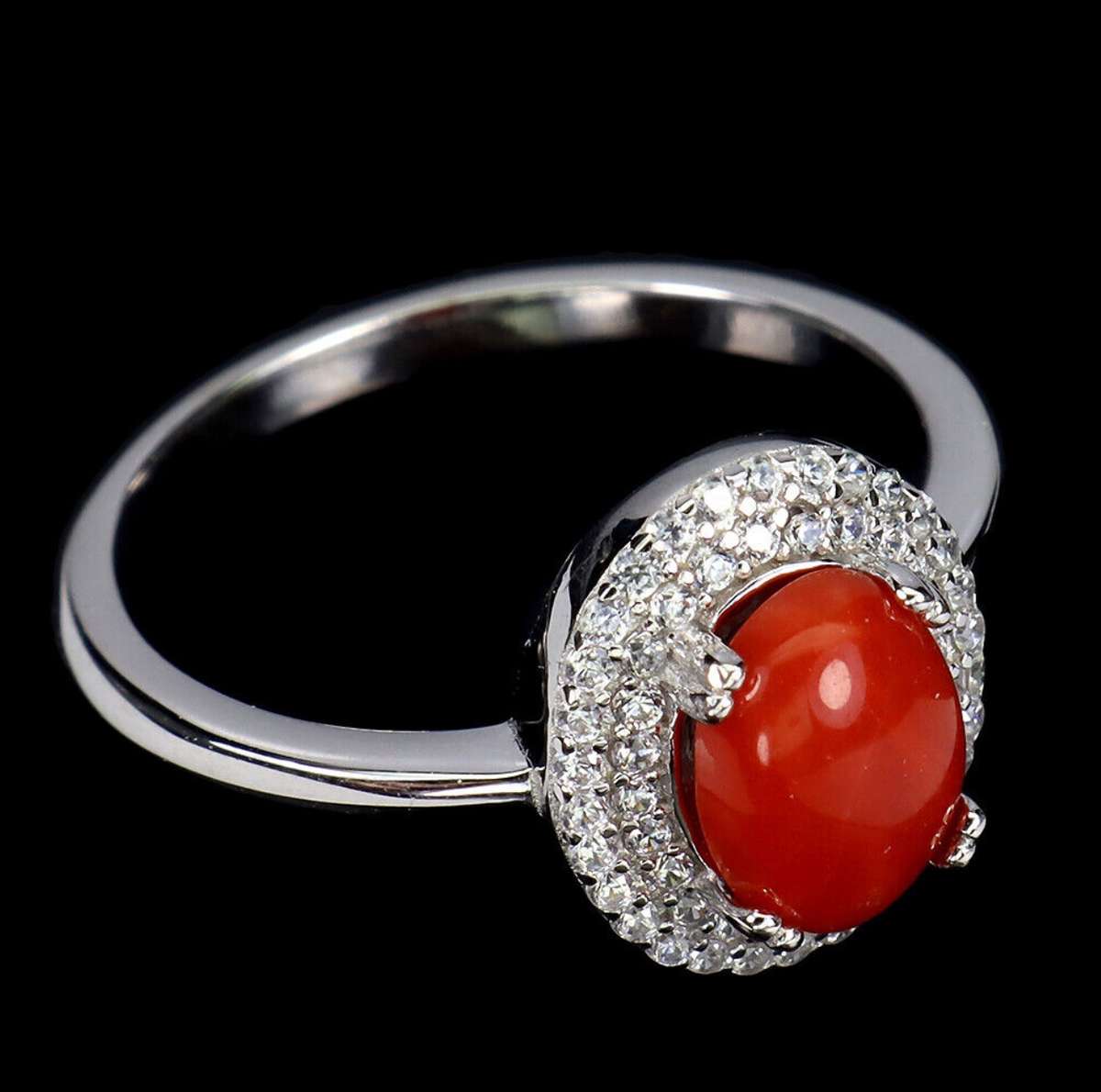 Rare Natural Unheated Italian Coral AAA White CZ in Solid Sterling Silver White Gold Ring Size 8/Q