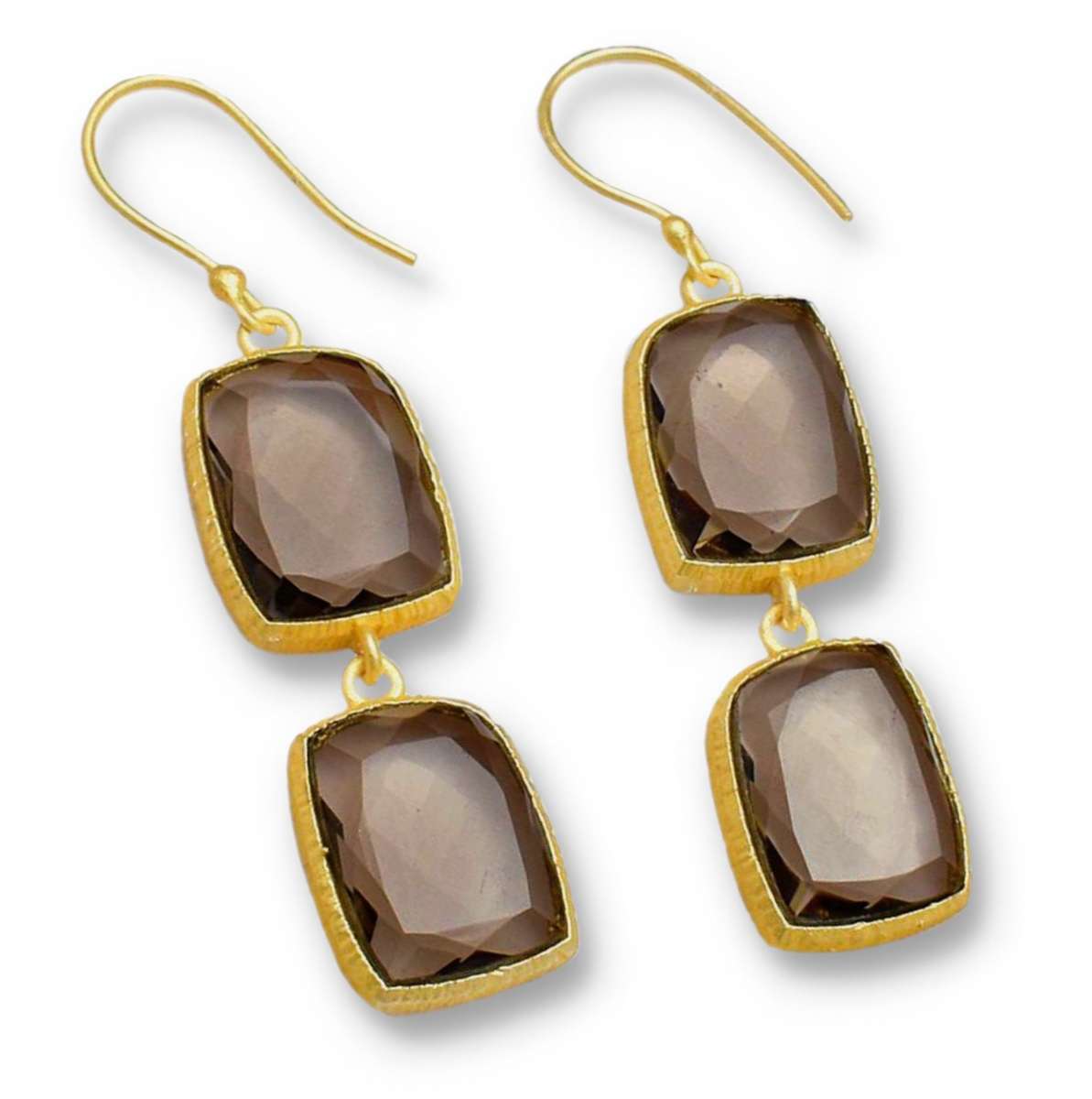 Faceted Smoky Topaz Square Shape Gemstones set in Gold Plated Handmade Dangle Earrings