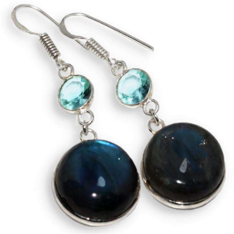 Natural Blue Fire Labradorite and Blue Topaz set in . 925 Sterling Silver Plated Earrings