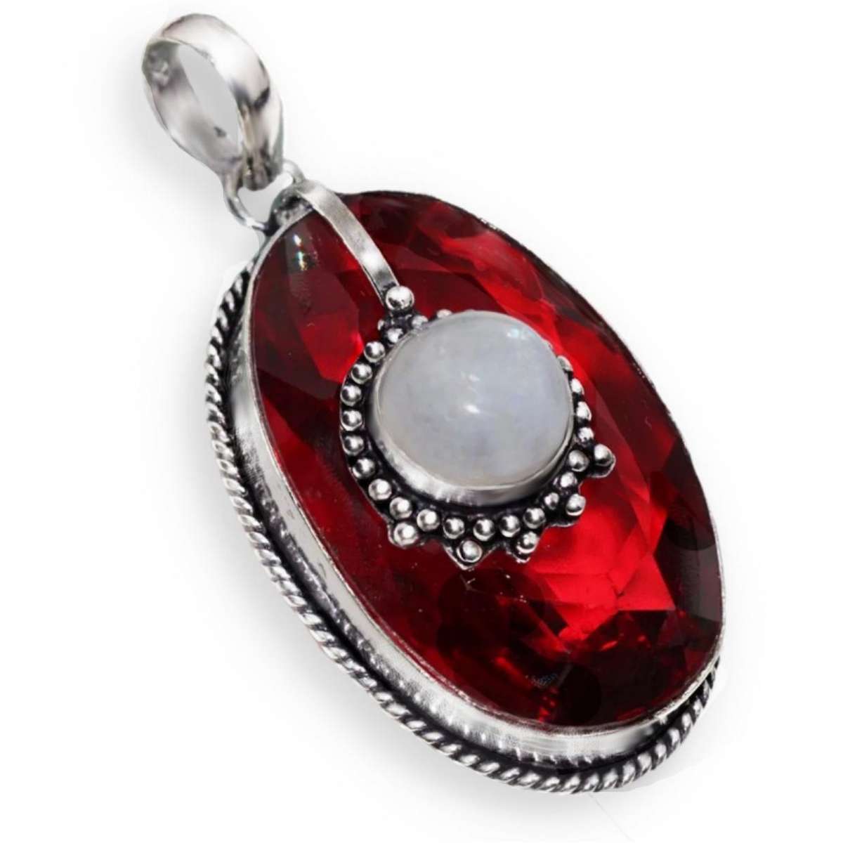 Natural Rainbow Moonstone and Fire Garnet Oval set in .925 Sterling Silver Plated Handmade Pendant
