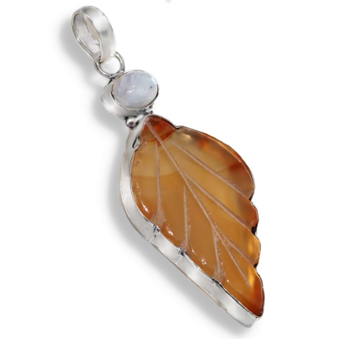 Natural Carnelian Carved Leaf Rainbow Moonstone Gemstones in .925 Sterling Silver Plated Pendant