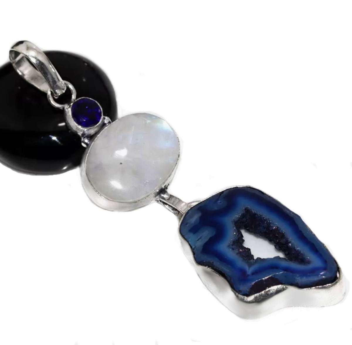 Handmade Agate Geode Slice and Rainbow Moonstone set in .925 Sterling Silver Plated Pendant