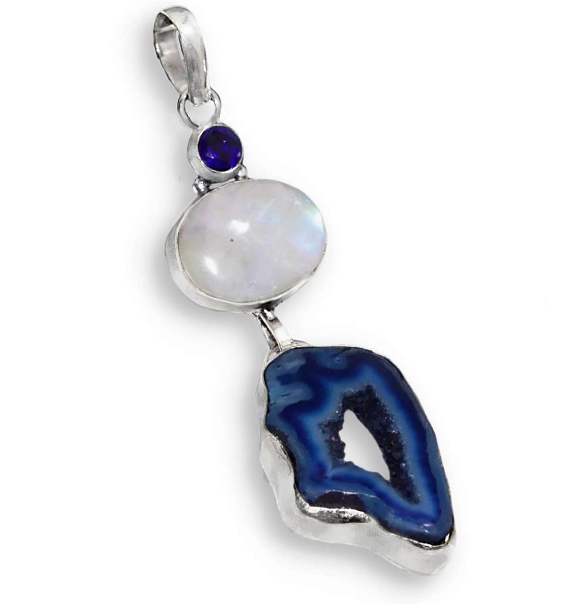 Handmade Agate Geode Slice and Rainbow Moonstone set in .925 Sterling Silver Plated Pendant