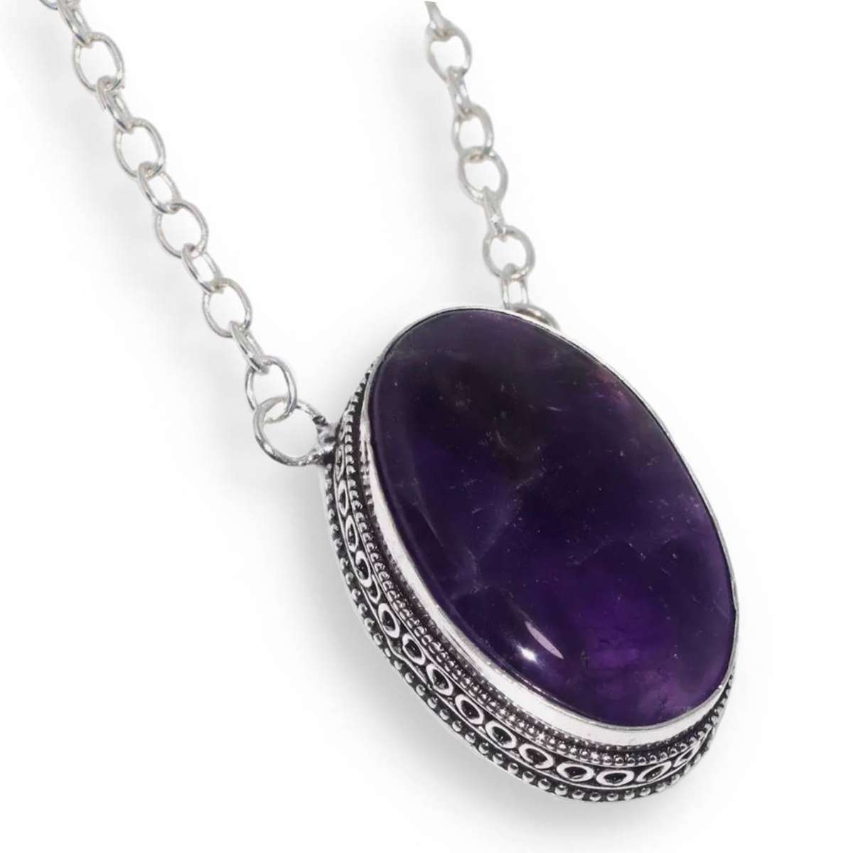 Natural Purple Amethyst Oval set in .925 Sterling Silver Plated Antique Style Necklace