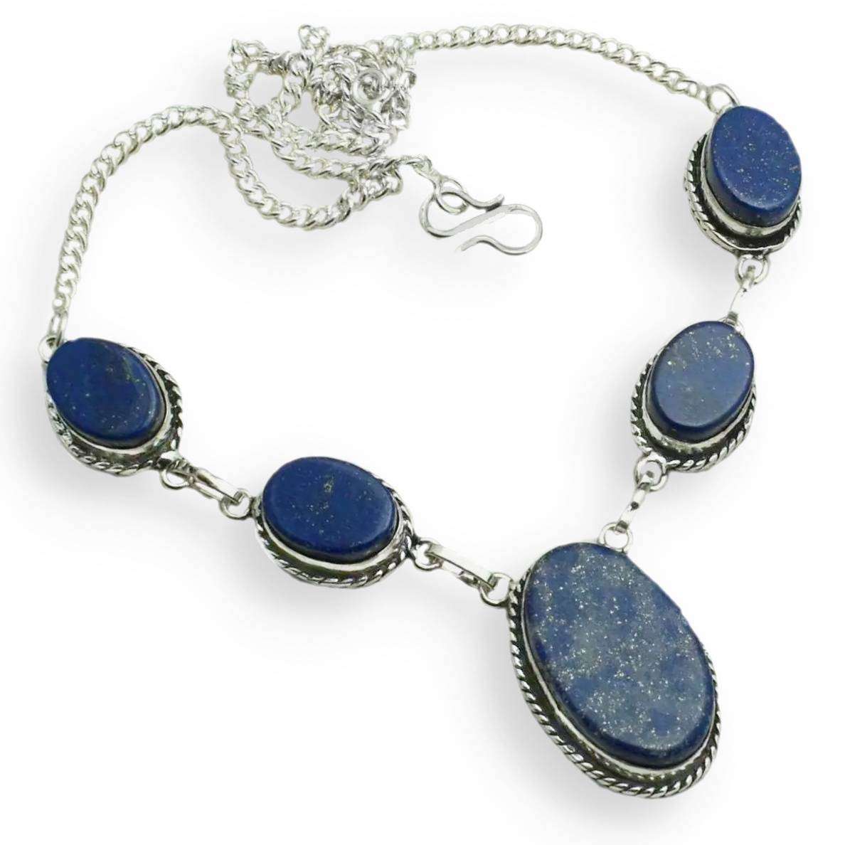 Natural Lapis Lazuli Ovals set in .925 Sterling Silver Plated Handmade Antique Style Necklace