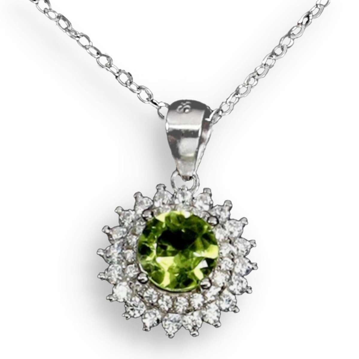 Deluxe Natural Unheated Peridot and White Cubic Zirconia set in Solid .925 Sterling Silver Necklace