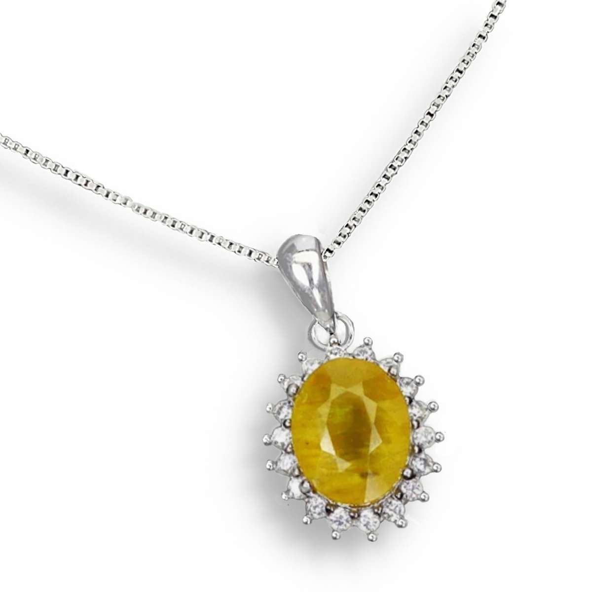 Natural Oval Yellow Sapphire in Solid 925 Sterling Silver 14K White Gold Necklace