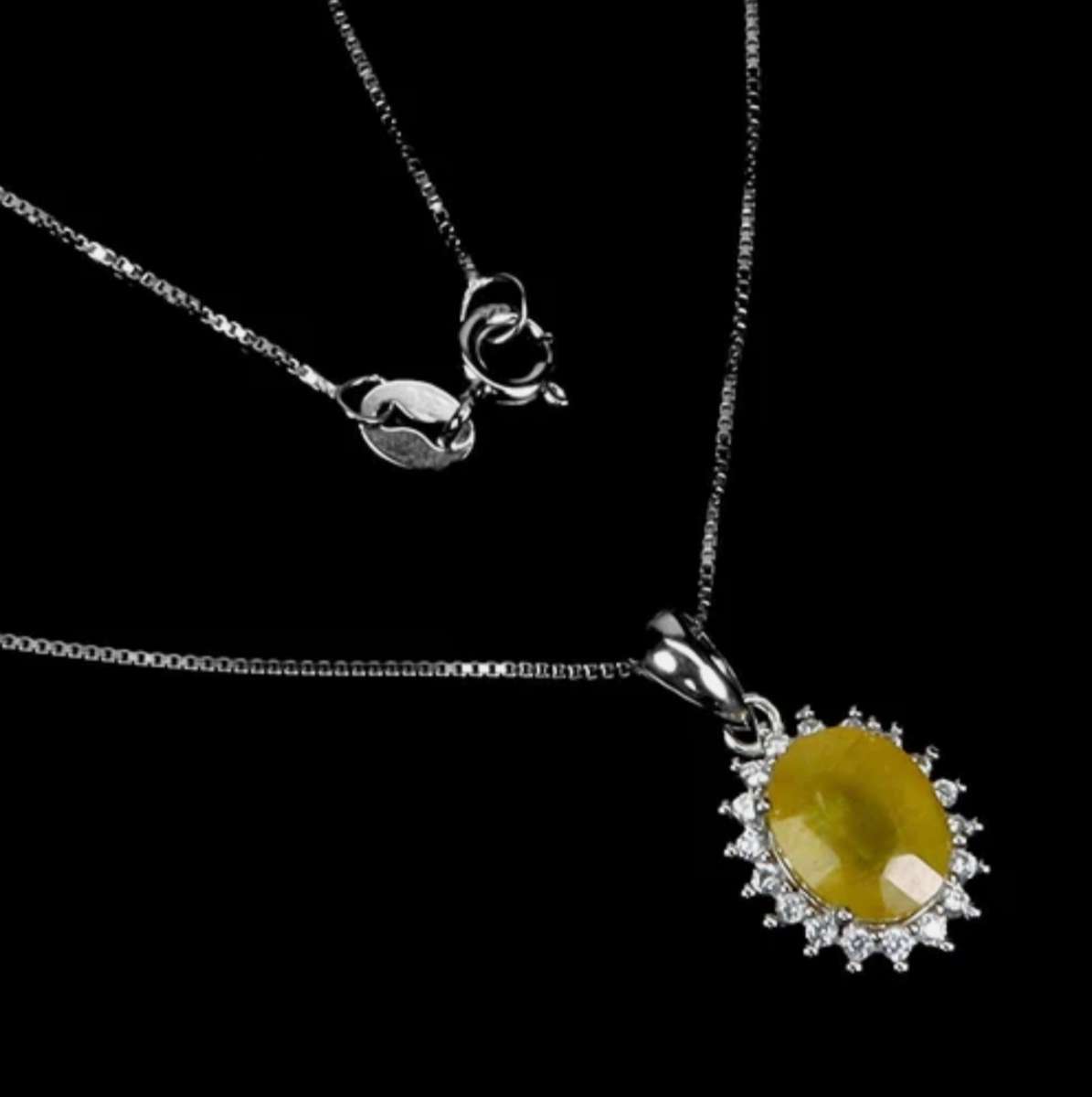 Natural Oval Yellow Sapphire in Solid 925 Sterling Silver 14K White Gold Necklace