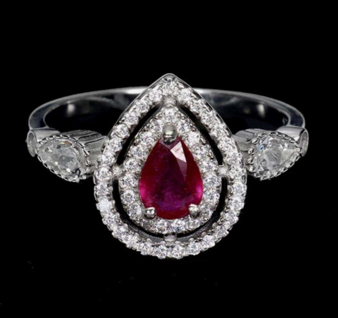 Natural Ruby and White Cubic Zirconia set in Solid .925 Sterling Silver 14K W/Gold Ring Size US 9.5