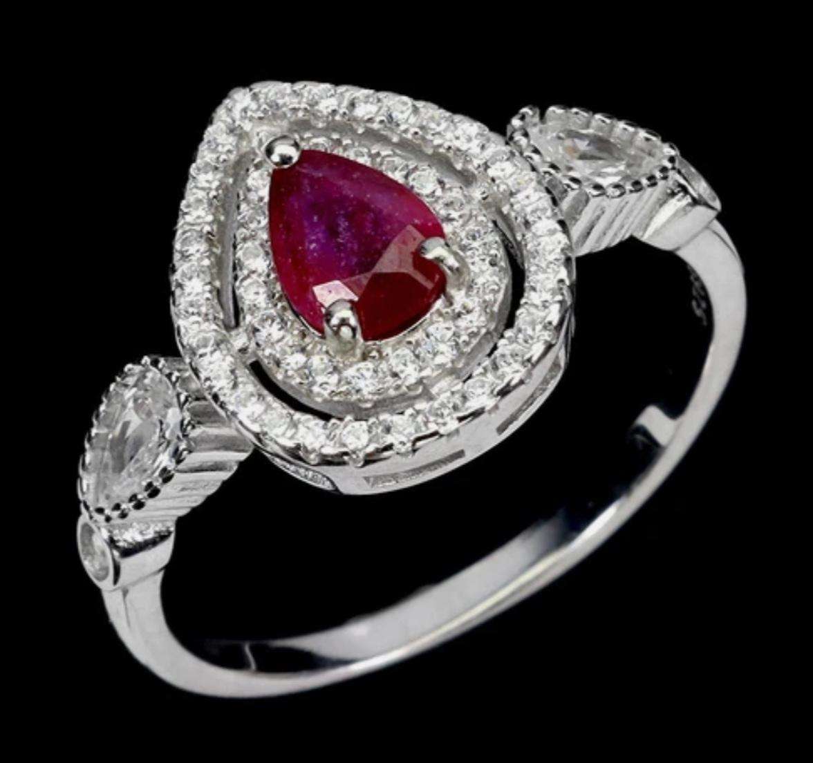 Natural Ruby and White Cubic Zirconia set in Solid .925 Sterling Silver 14K W/Gold Ring Size US 9.5