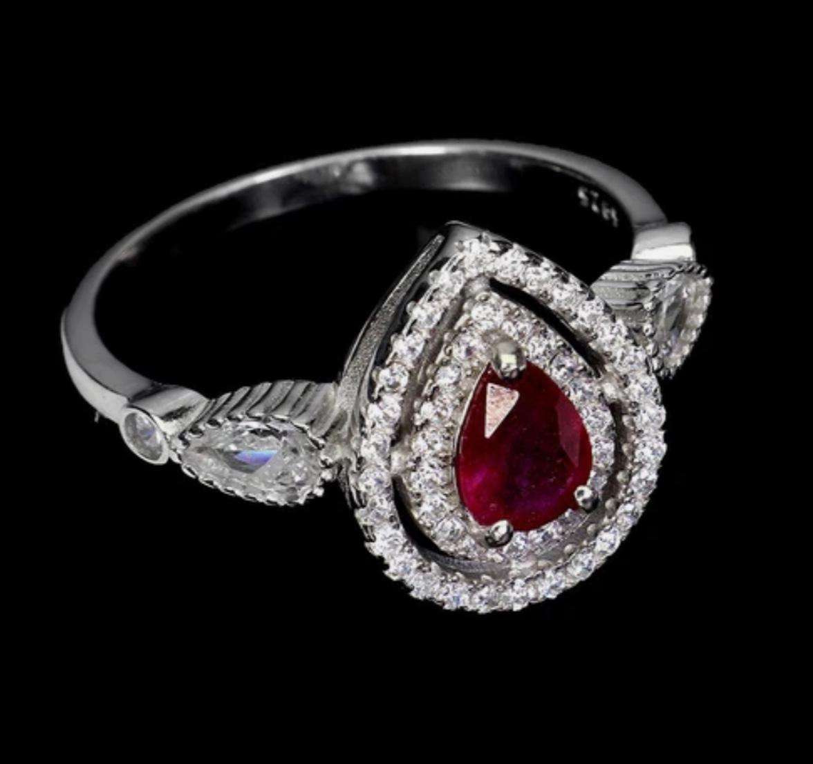 Natural Ruby and White Cubic Zirconia set in Solid .925 Sterling Silver 14K W/Gold Ring Size US 9.5