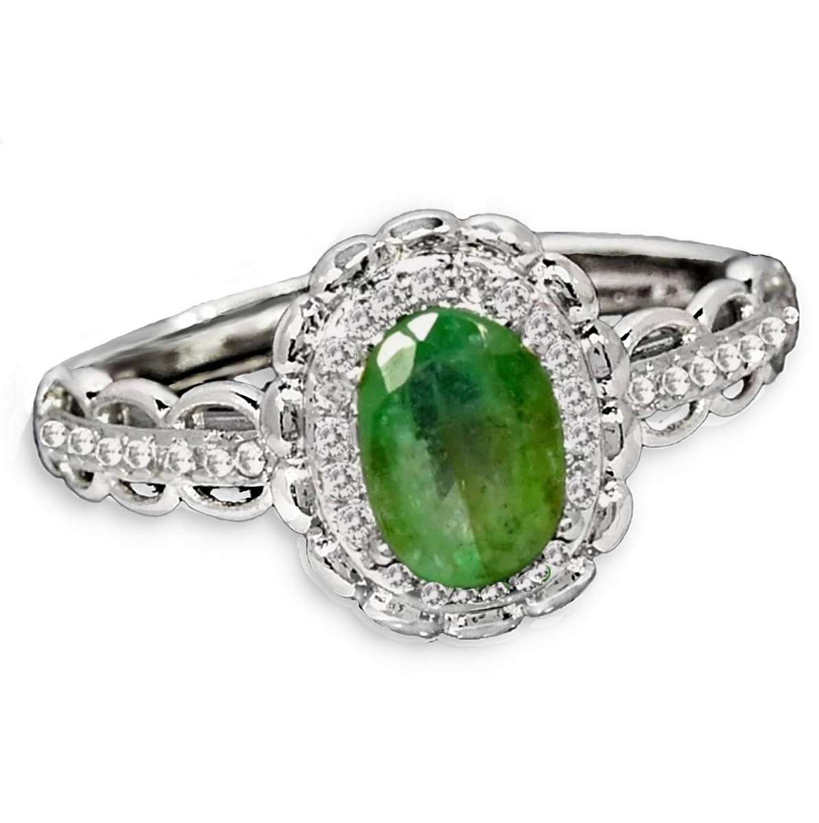 Natural Unheated Brazilian Emerald and White CZ set in Solid .925 Silver 14K W/Gold Adjustable Size