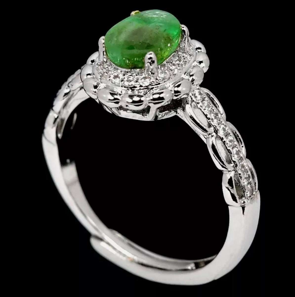 Natural Unheated Brazilian Emerald and White CZ set in Solid .925 Silver 14K W/Gold Adjustable Size