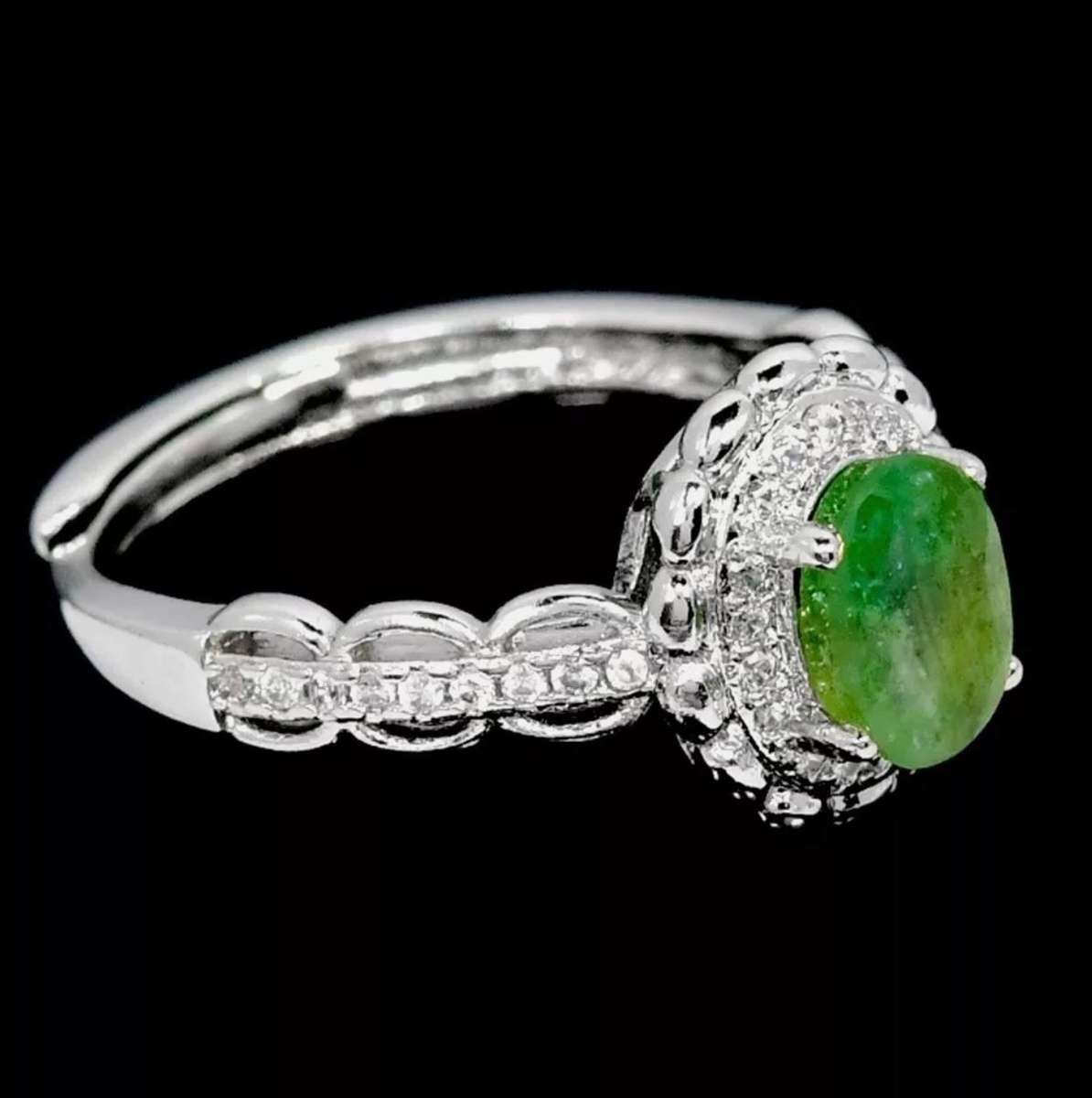 Natural Unheated Brazilian Emerald and White CZ set in Solid .925 Silver 14K W/Gold Adjustable Size