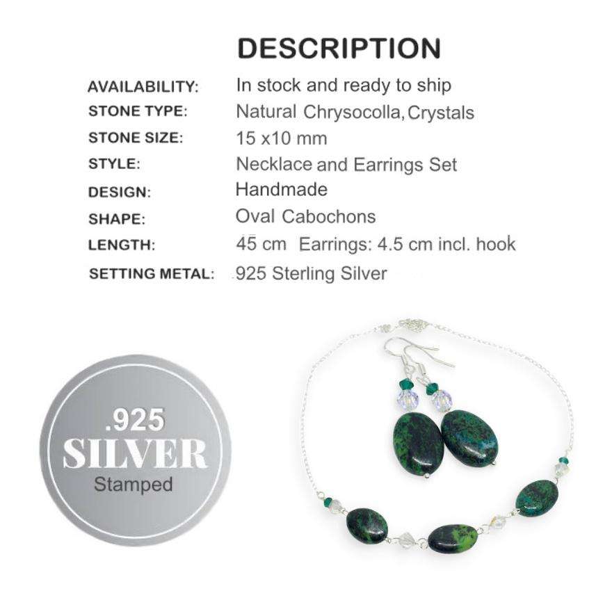 Natural Chrysocolla and Crystal beads set in .925 Sterling Silver Necklace & Earrings Set
