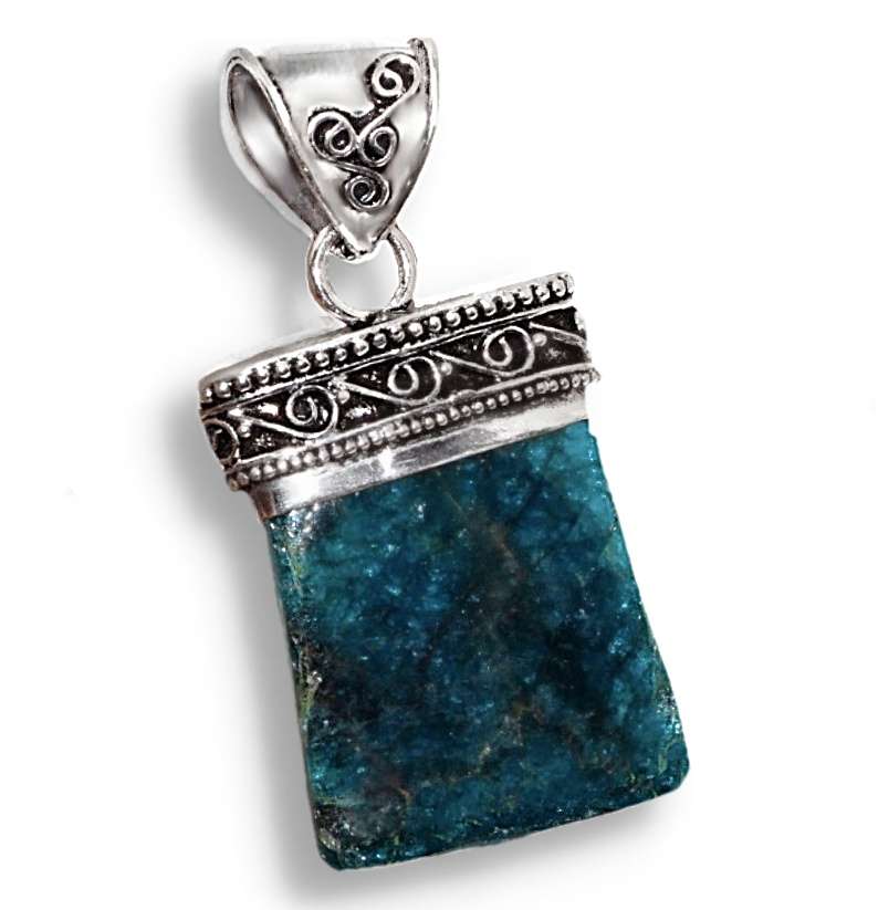 Natural Capped Blue Apatite Gemstone set in .925 Sterling Silver Plated Antique Style Pendant