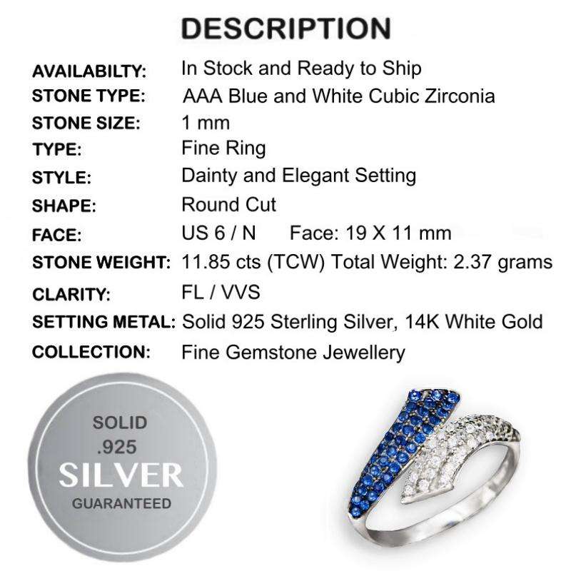 11,85 cts AAA Blue and White Cubic Zirconia set in Solid 925 Sterling Silver Ring SIze  6 / M