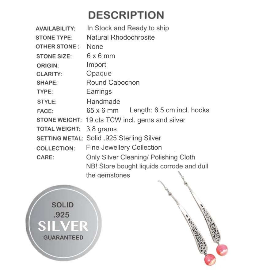 Natural Rhodochrosite Gemstone set in Solid .925 Sterling Silver Earrings