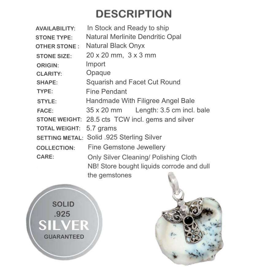 Natural Merlinite Dendritic Opal Rough Shape Black Onyx set in Solid. 925 Sterling Silver Pendant