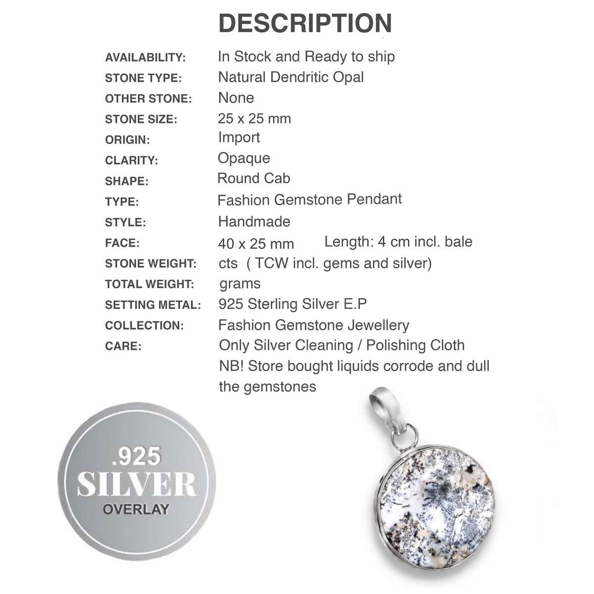 Natural Dendritic Opal Round Shape Gemstone set in. 925 Sterling Silver Plated Handmade Pendant