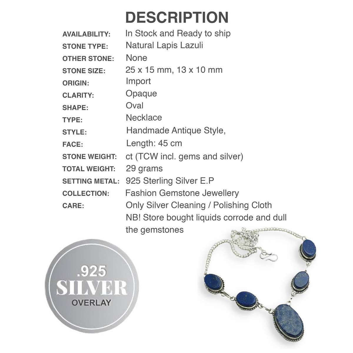 Natural Lapis Lazuli Ovals set in .925 Sterling Silver Plated Handmade Antique Style Necklace