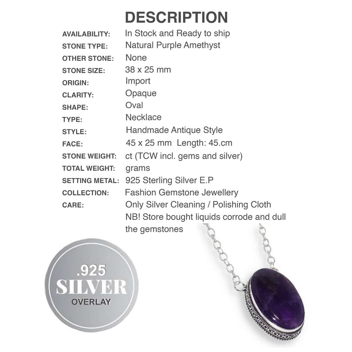 Natural Purple Amethyst Oval set in .925 Sterling Silver Plated Antique Style Necklace