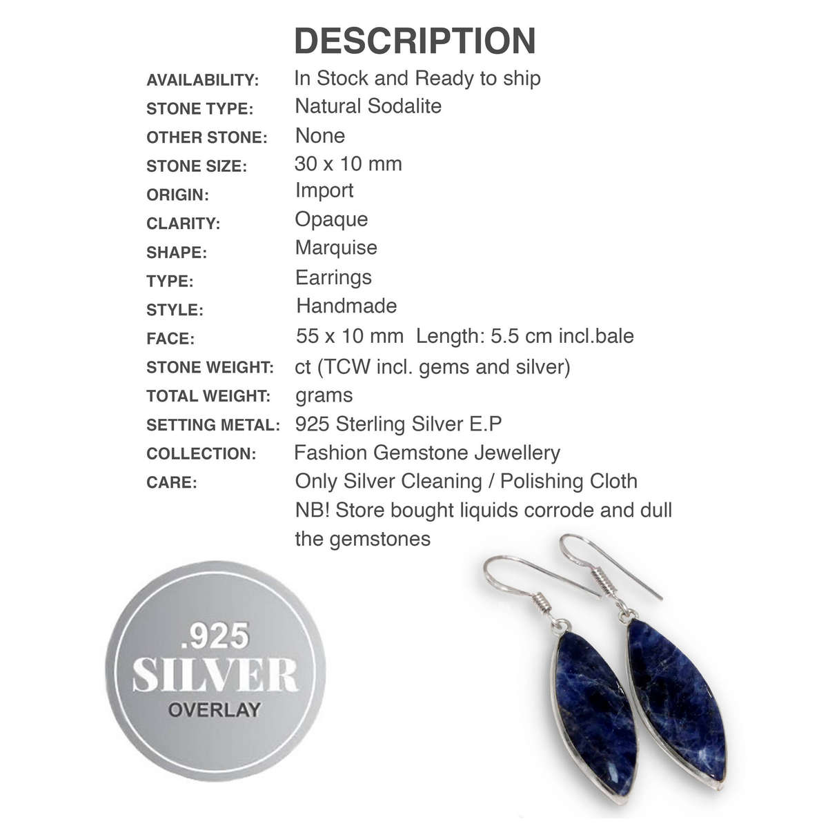 Natural Sodalite Marquise Shape Gemstone set in  925 Sterling Silver Plated Handmade Earrings