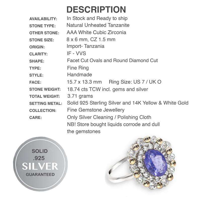 Natural Unheated Tanzanite and AAA White Cubic Zirconia Ring in Solid .925 Silver Size US 7 / O