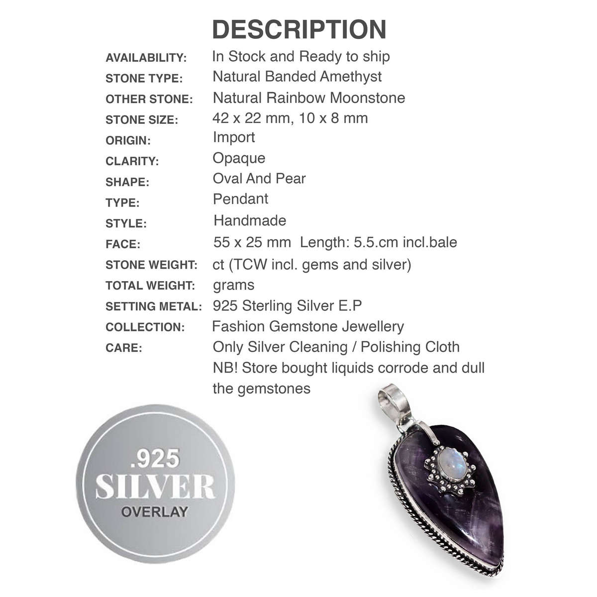 Natural Banded Purple Amethyst Rainbow Moonstone set in 925 Sterling Silver Plated Handmade Pendant