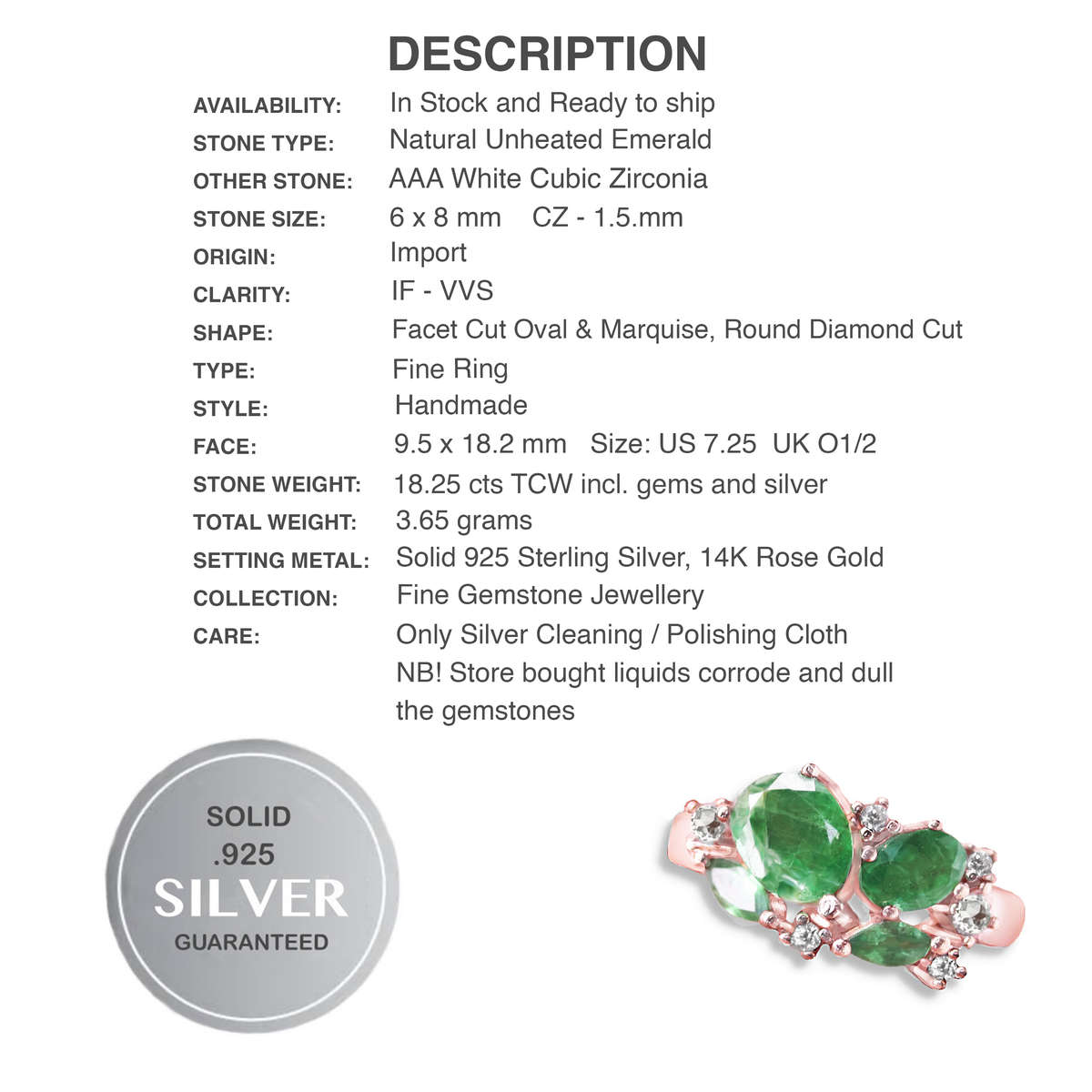Natural Brazilian Emerald Ovals and AAA White Cubic Zirconia Solid .925 Silver Ring Sz 7.25 OR O1/2