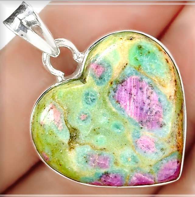 Natural Ruby In Fuchsite Heart Shape Gemstone set in Solid .925 Sterling Silver Pendant