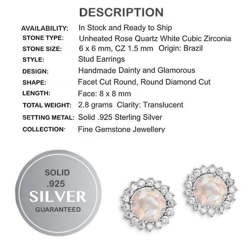 Natural Rose Quartz, AAA White Cubic Zirconia Solid.925 Sterling Silver 14K White Gold Stud Earring