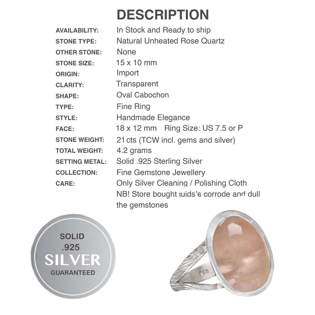 Natural Rose Quartz Oval Gemstone set in Solid .925 Sterling Silver Ring Size 7.5 / P