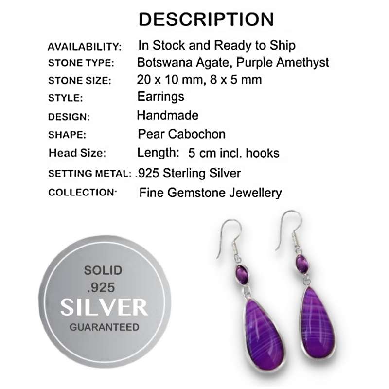 Natural Purple Botswana Agate Purple Amethyst Gemstone set in Solid .925 Sterling Silver Earrings