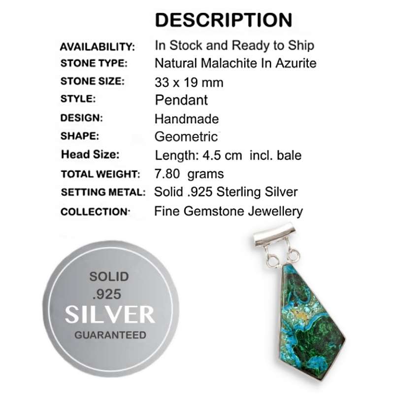 Natural Malachite in Azurite Geometric Gemstone set in Solid .925 Sterling Silver Pendant