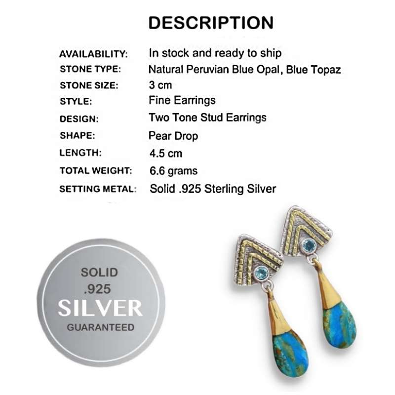 Extremely Rare -Genuine Peruvian Blue Opal, Blue Topaz Set in Solid .925 Sterling Silver Earrings