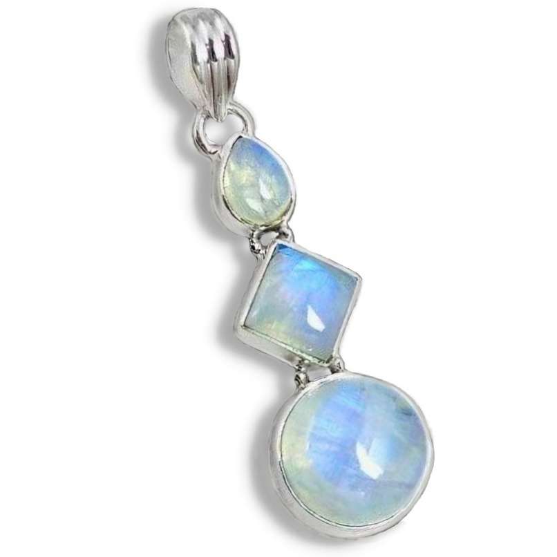 11.95 cts Natural Rainbow Moonstone Mixed Shapes set in Solid .925 Sterling Silver Pendant