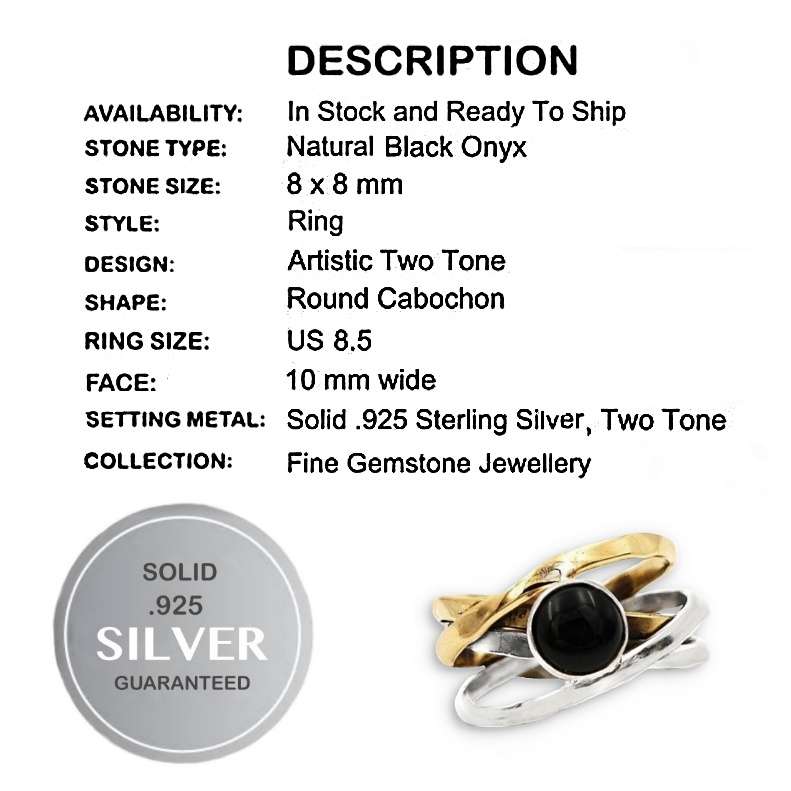 Two Tone Natural Black Onyx set in Solid .925 Sterling Silver Ring Size US 8.5