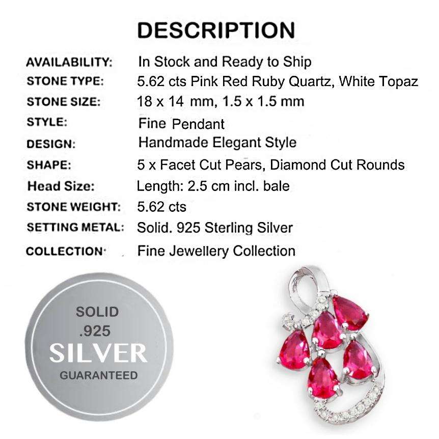 5.62 cts Pink Ruby Pear Shape and White Topaz Gemstones set in Solid .925 Sterling Silver Pendant