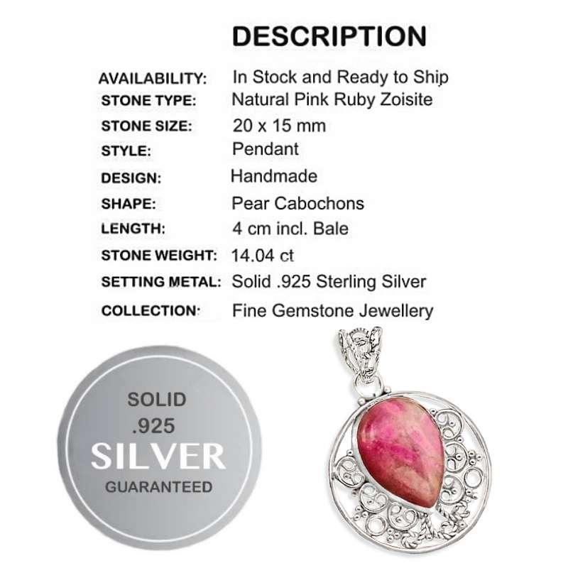 14.04 cts Natural Pink Ruby Zoisite Set in Solid .925 Sterling Silver Ornate Pendant