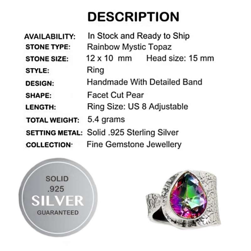 Natural Rainbow Mystic Topaz Gemstone Ring In Solid .925 Sterling Silver. Size US 7 / N