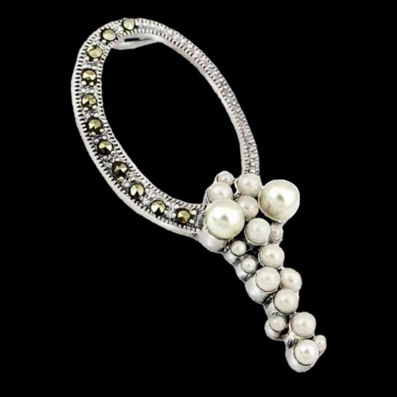 Natural White Pearl and Marcasite set in Solid.925 Sterling Silver Elegant Pendant
