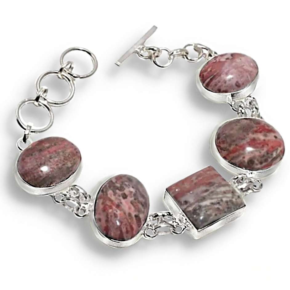 Natural Leopard Skin Jasper Gemstone set in .925 Sterling Silver Plated Handmade Bracelet