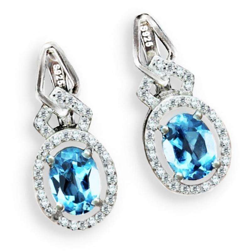 Natural Swiss Blue Topaz White Cubic Zirconia Gemstone Solid .925 Silver 14K White Gold Earrings