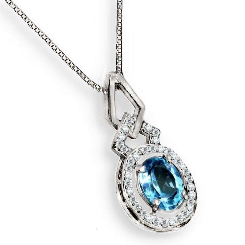 Natural Swiss Blue Topaz White Cubic Zirconia Gemstone Solid .925 Silver 14K White Gold Necklace