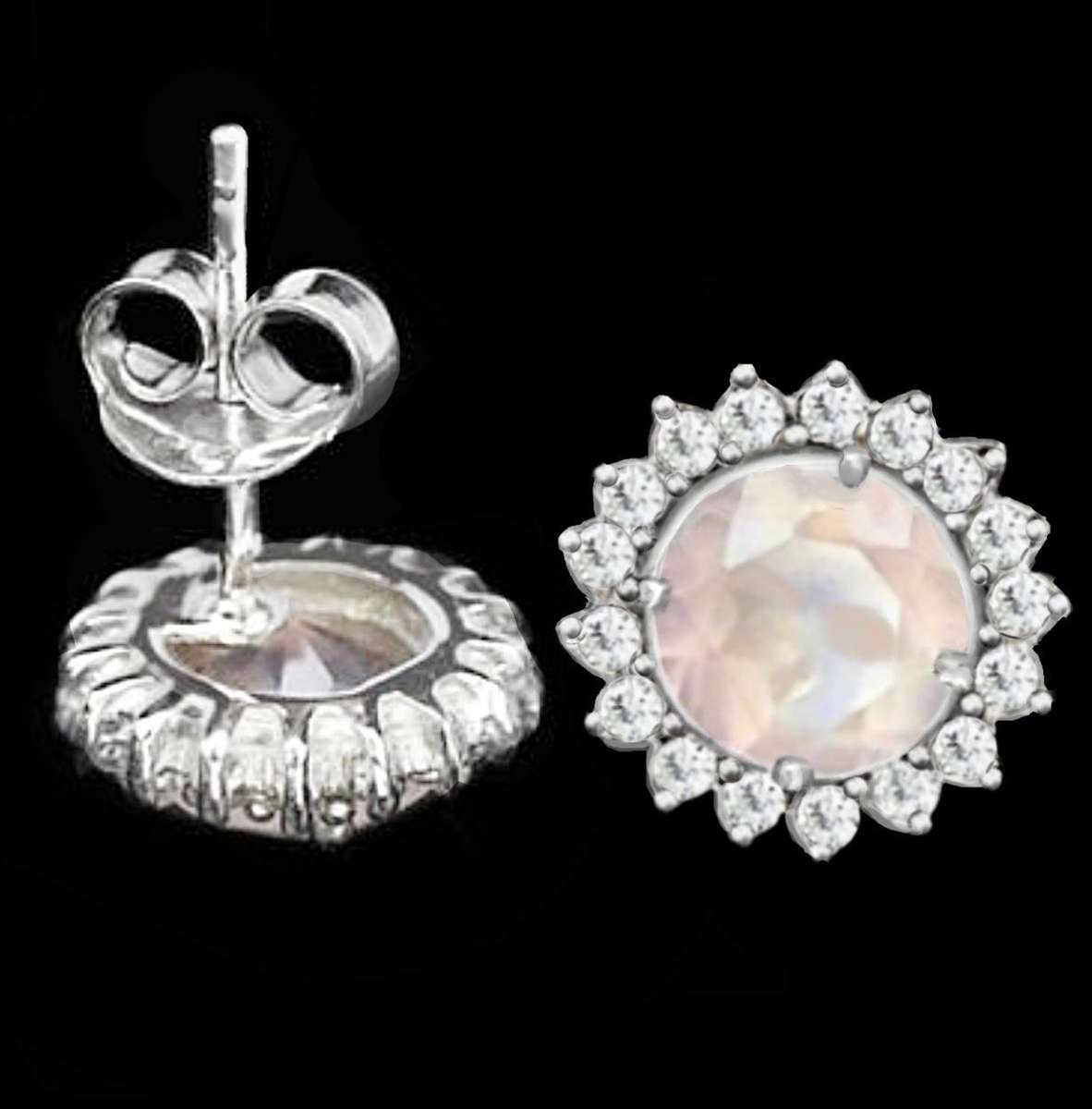 Natural Rose Quartz, AAA White Cubic Zirconia Solid.925 Sterling Silver 14K White Gold Stud Earring
