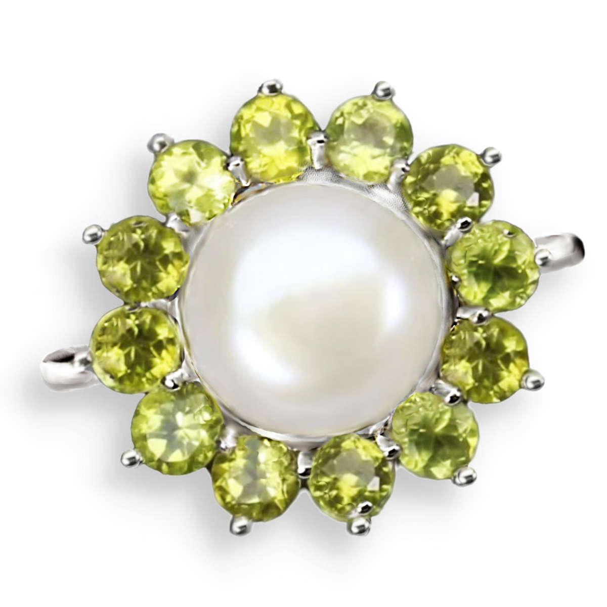 Natural Unheated Peridot and White Pearl Gemstone set in Solid .925 Sterling Silver Ring Size 8 or Q