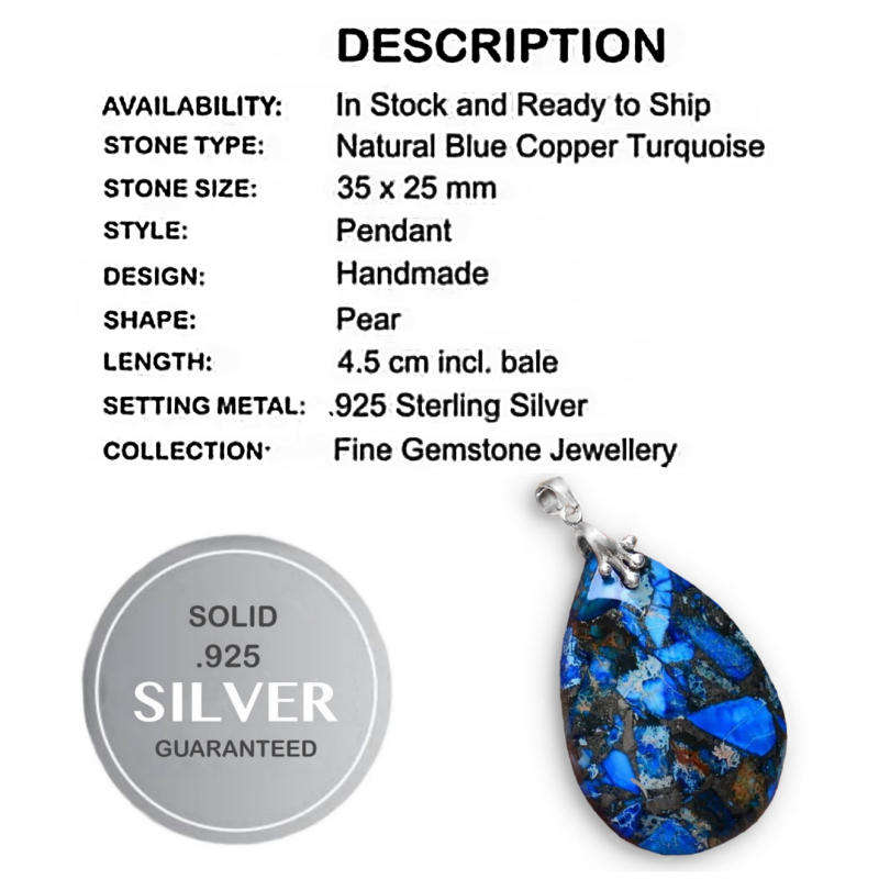 Natural Blue Copper Turquoise Pear Shape set with Solid .925 Sterling Silver Bale Pendant