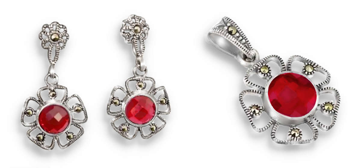 2.57 cts Pink Red Ruby and Marcasite in Solid .925 Sterling Silver Pendant & Earrings Set