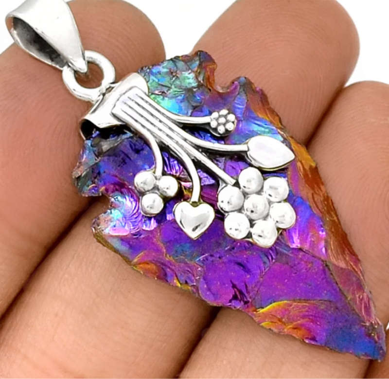 Natural Titanium Aura Quartz Gemstone set in Solid 925 Sterling Silver Pendant